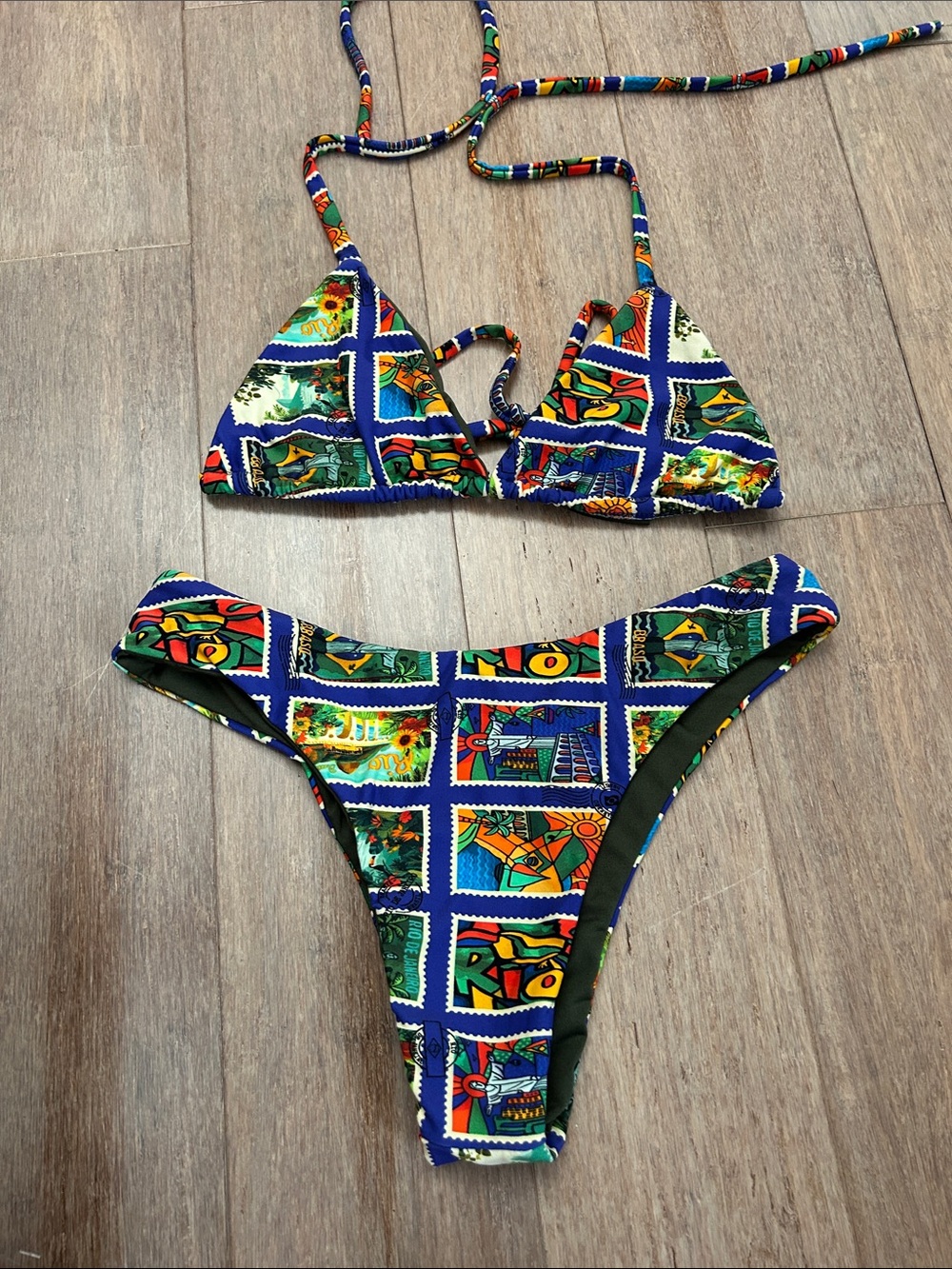 Colorful Patchwork Triangle Bikini Set - Blue Multi - Picture 4 of 11